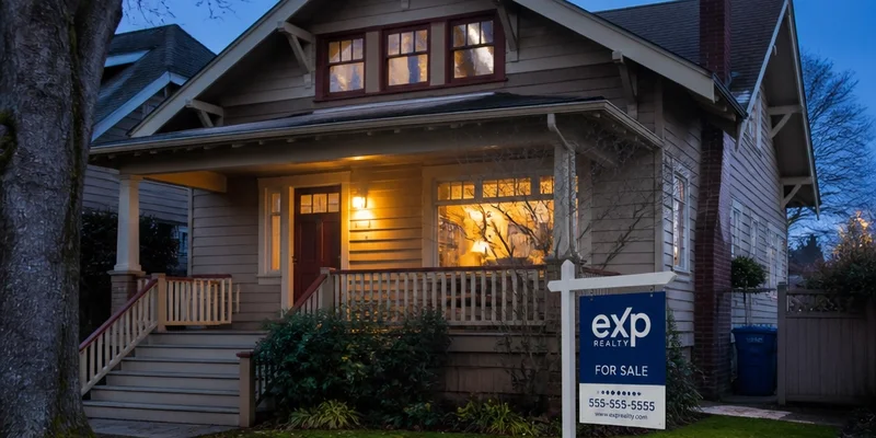 Portland Craftsman home exterior with eXp Realty for-sale sign at dusk, Oregon