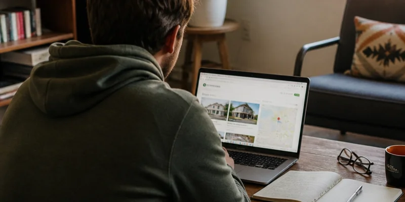 Person reviewing home listing on laptop over-the-shoulder view, Portland home interior