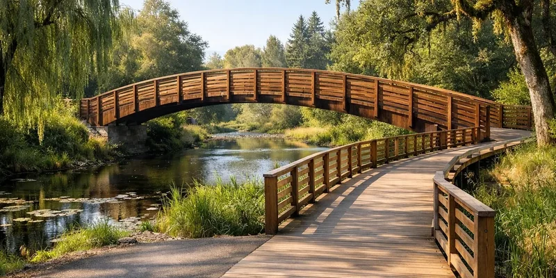 Wooden footbridge on the Fanno Creek Trail surrounded by lush tree canopy, Tigard, Oregon