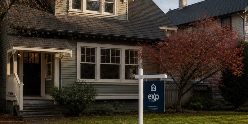 eXp Realty for-sale sign in front of 1940s Portland Craftsman, Multnomah County, Oregon