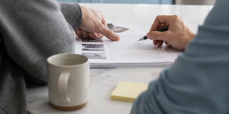 Two buyers reviewing home inspection report at kitchen table, Portland, Oregon