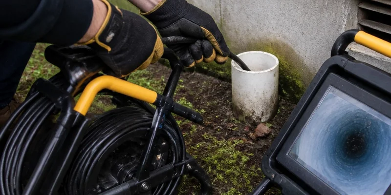 Sewer scope technician feeding camera into cleanout access at Portland bungalow, Multnomah County, Oregon