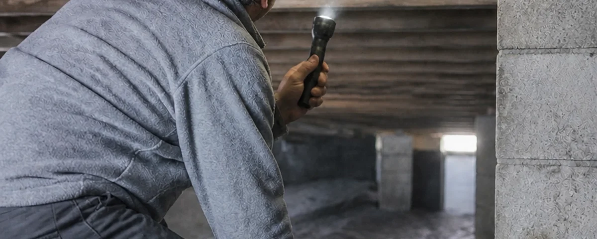 Home inspector examining crawlspace of older Craftsman home, Portland, Oregon