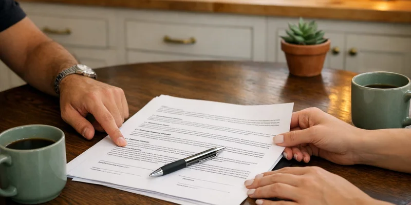 Buyer and agent reviewing a buyer representation agreement at a kitchen table in a Portland bungalow