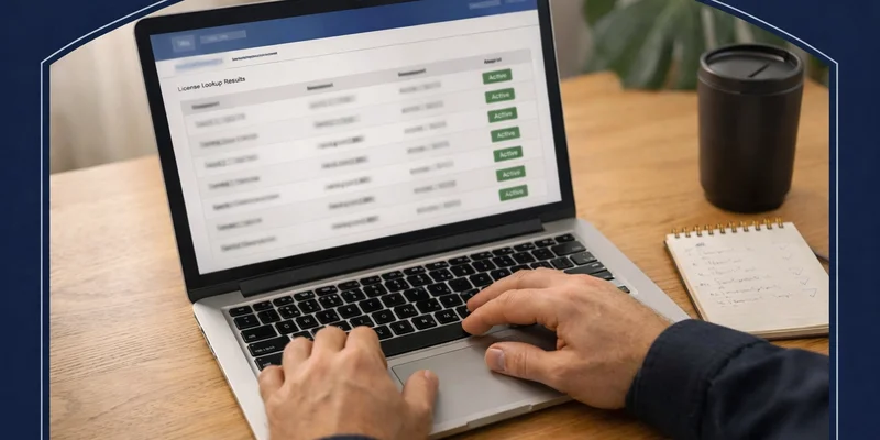 Laptop screen showing Oregon Real Estate Agency license lookup tool in a home office setting