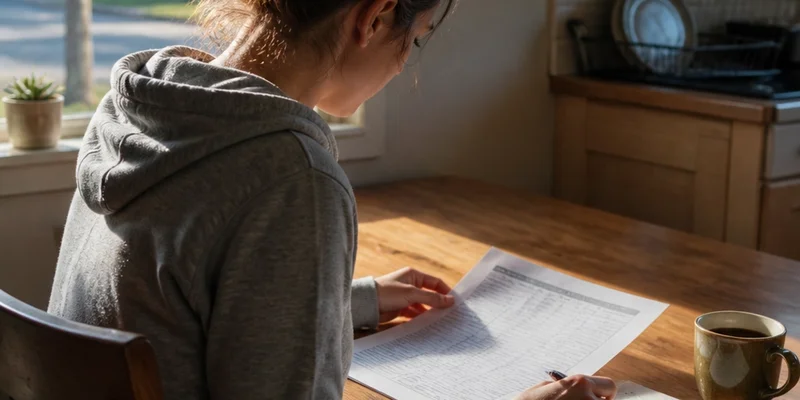 Home buyer reviewing closing cost documents at kitchen table, Portland, Oregon