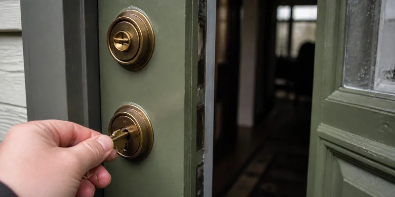 New homeowner unlocking front door of Portland Oregon craftsman home after closing