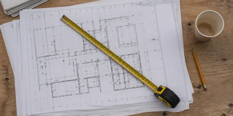 Architectural blueprints and permit applications on a construction worktable, Portland metro, Oregon