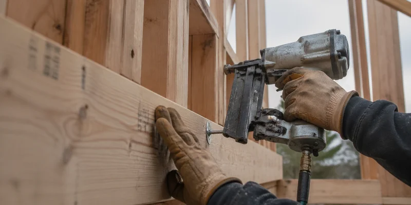 Builder securing framing on a new residential construction site, Southwest Portland, Oregon