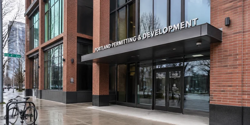 Portland Permitting and Development office exterior, SW Fourth Avenue, Oregon