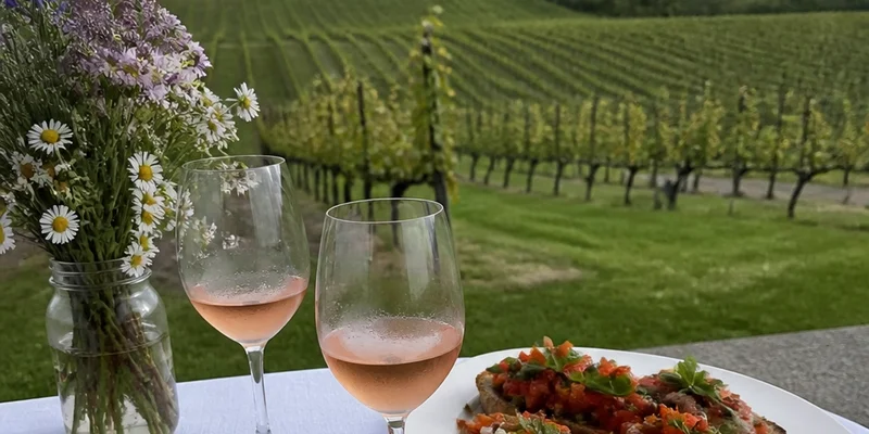 Italian a la carte brunch with rose wine and wildflowers at Oregon vineyard Sherwood