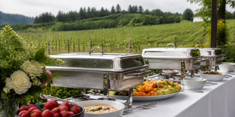 Elegant vineyard brunch buffet with spring vine row views Amaterra Winery Portland Oregon