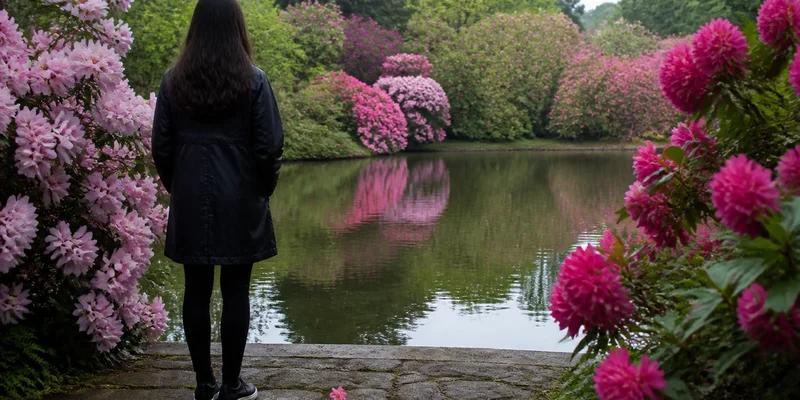 Pink and magenta rhododendron blooms reflecting in Crystal Springs lake Eastmoreland SE Portland Oregon
