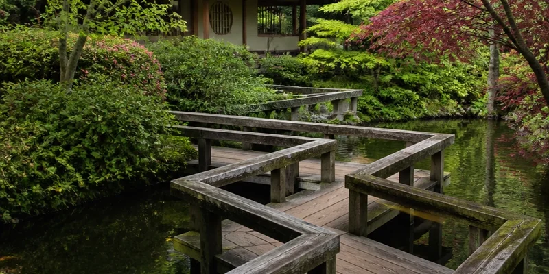 Traditional Japanese garden with wooden bridge over koi pond and spring foliage West Hills Washington Park Portland Oregon