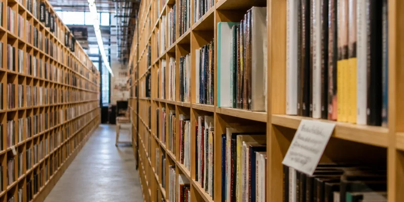 Floor-to-ceiling bookshelves through the color-coded rooms of Powells Books Pearl District Portland Oregon