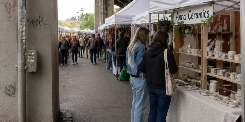 Portland Saturday Market artists and vendors under Burnside Bridge Oregon