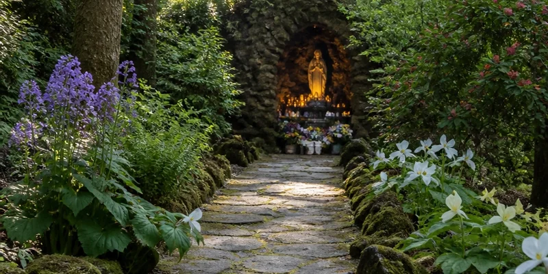 Peaceful woodland sanctuary garden path with spring wildflowers and stone grotto NE Portland Oregon