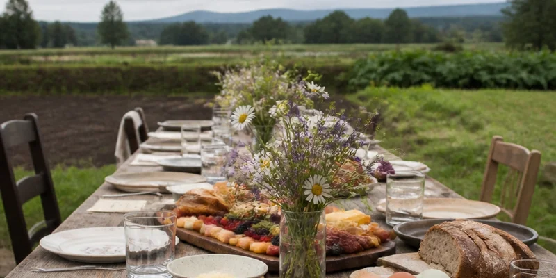 Farm-to-table brunch at long outdoor table on Sauvie Island farm Oregon