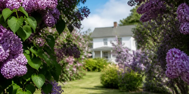 Heritage garden in full purple lilac bloom with historic white farmhouse and blue sky Woodland Washington