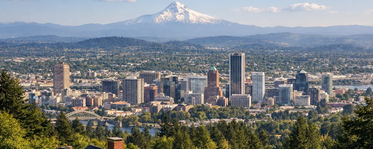 Portland, Oregon skyline with Mount Hood in the distance