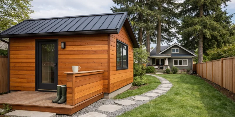 Detached ADU in a residential backyard, Southeast Portland, Oregon