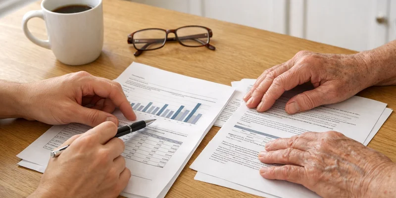 Hands reviewing documents at a kitchen table, Portland, Oregon