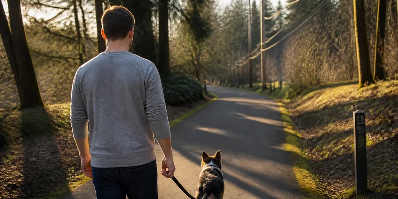 Dog walker on paved trail, Beaverton, Oregon