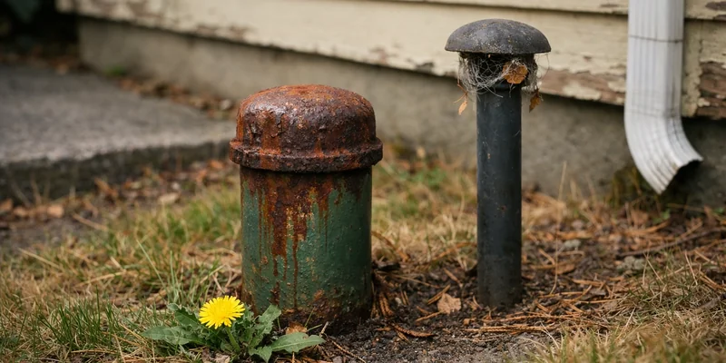 Capped oil tank fill pipe in the side yard of an older Portland bungalow