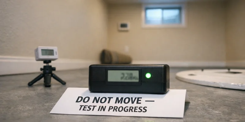 Continuous radon monitor placed on the floor of a Portland basement during a real estate inspection