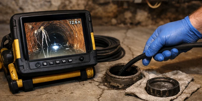 Sewer scope camera monitor showing live footage of a sewer line in a Portland basement