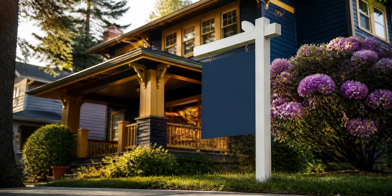 Home buyer walking up a residential sidewalk toward a Craftsman home with an eXp Realty for-sale sign, inner Southeast Portland, Oregon
