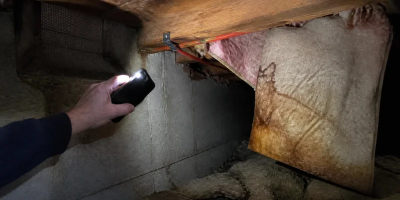 Buyer using a phone flashlight to inspect floor joists in a Portland home crawl space, Oregon