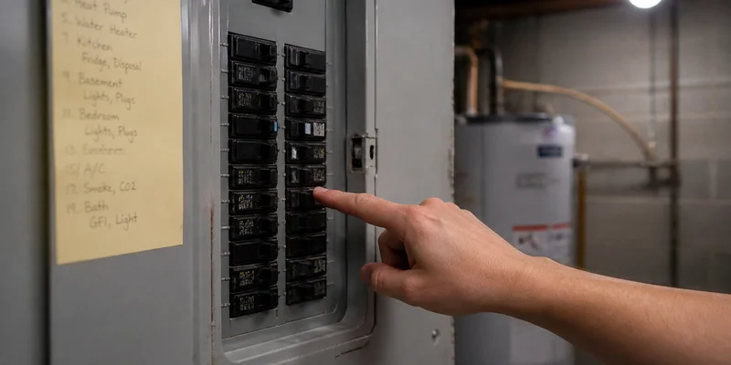 Hand pointing to breakers in an open residential electrical panel, Portland, Oregon
