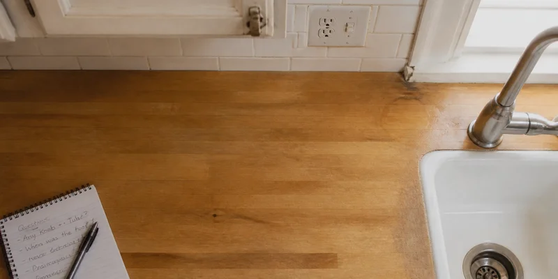Overhead view of a kitchen counter showing cabinet hardware and faucet base details, Portland, Oregon