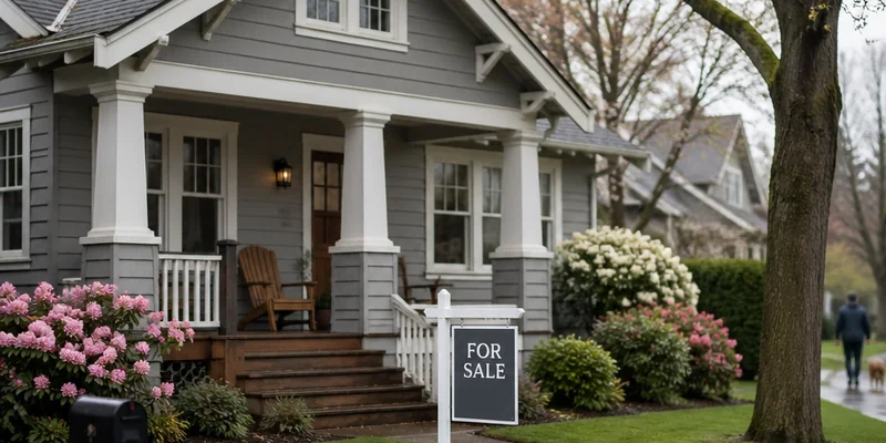 1920s Craftsman bungalow with for sale sign in Sellwood, Portland, Oregon