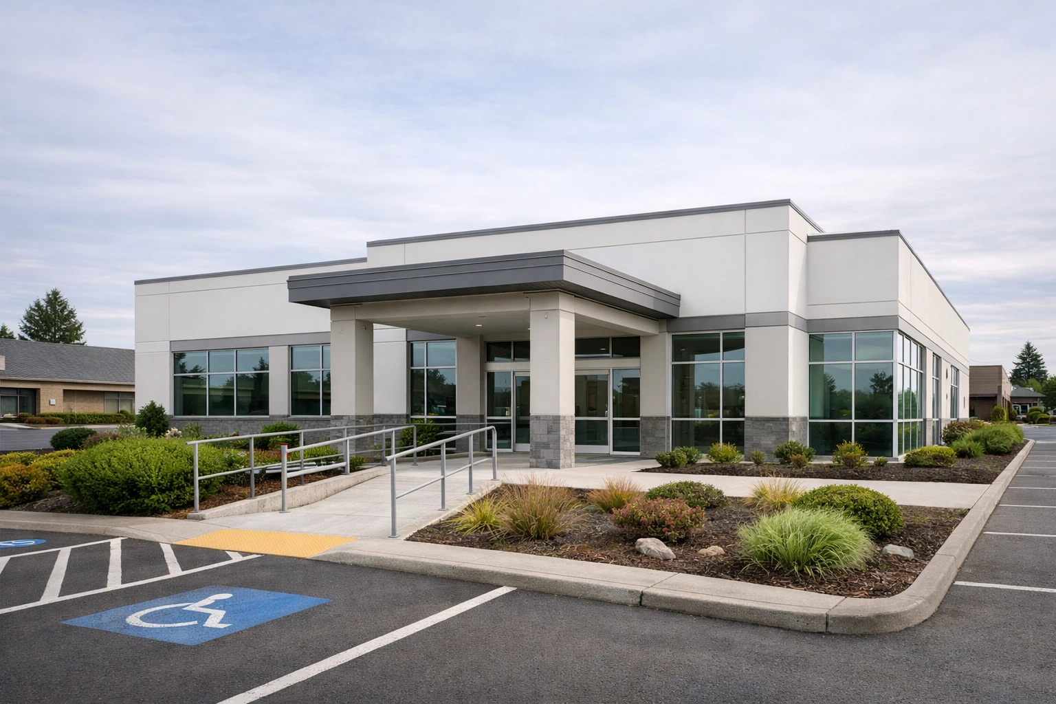 Modern medical office building with landscaped entrance along a commercial corridor in Aloha