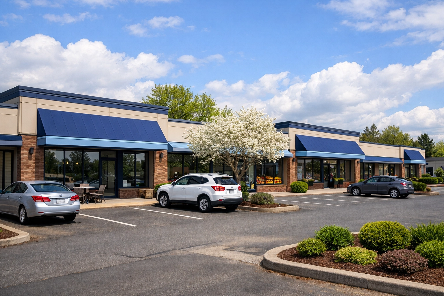 Shopping center storefronts along the Farmington Road commercial corridor in central Aloha