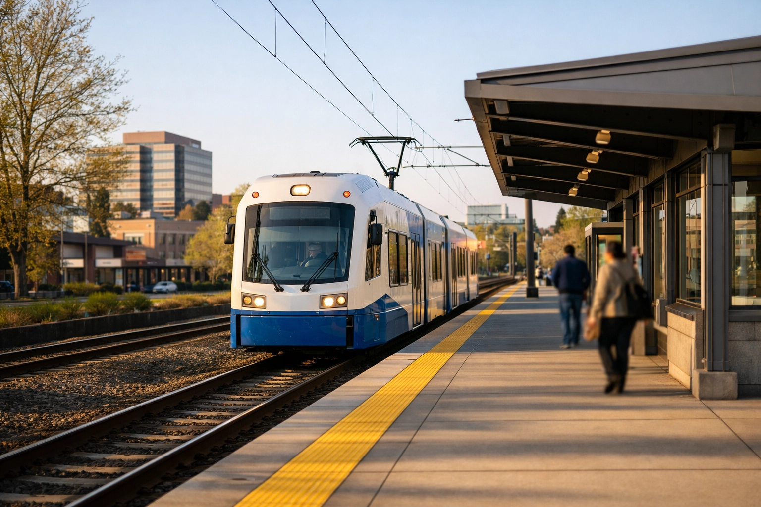 MAX Blue Line train arriving at Beaverton Transit Center platform with covered shelter, digital arrival display, and the downtown Beaverton skyline in the background