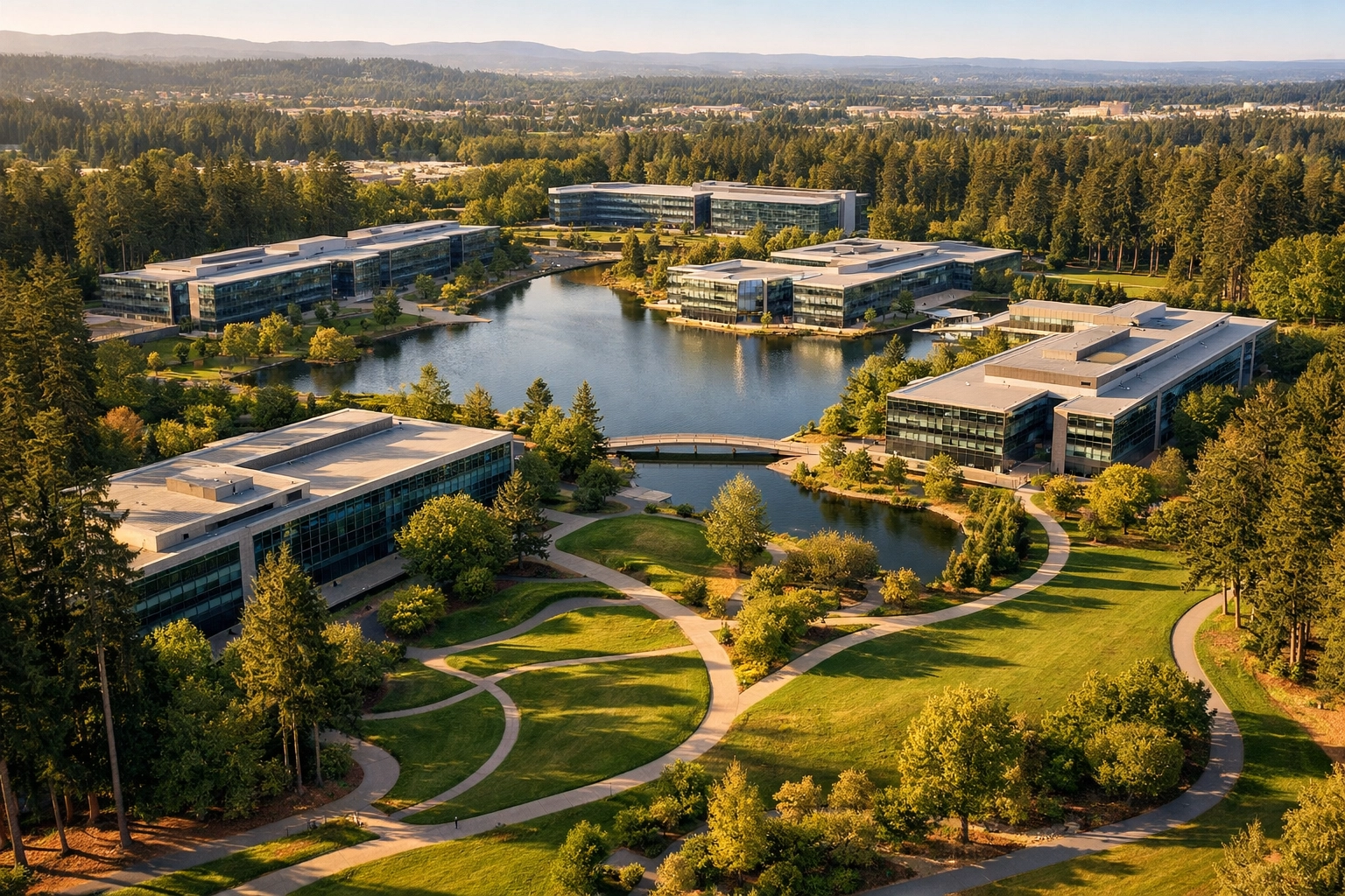 Aerial view of Nike World Headquarters campus in Beaverton showing multiple buildings amid landscaped grounds with running paths and tree-lined corridors
