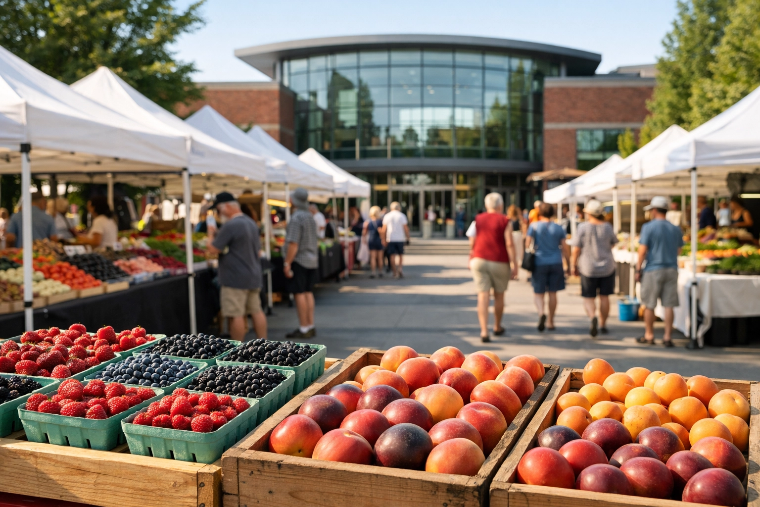 Saturday morning at the Beaverton Farmers Market at City Fountain Park with vendor tents, produce displays, and the Beaverton City Library visible in the background