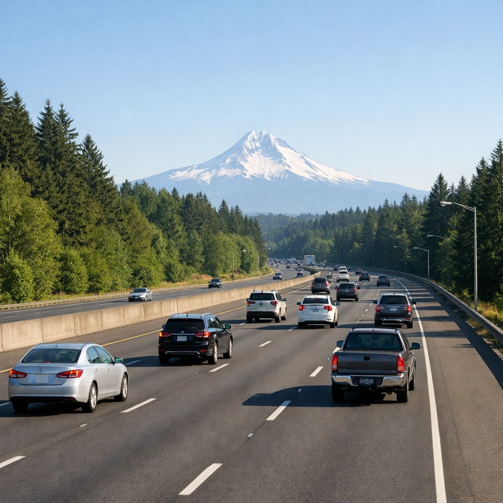 I-205 northbound approach near Clackamas with Mount Hood visible in the distance on a clear morning