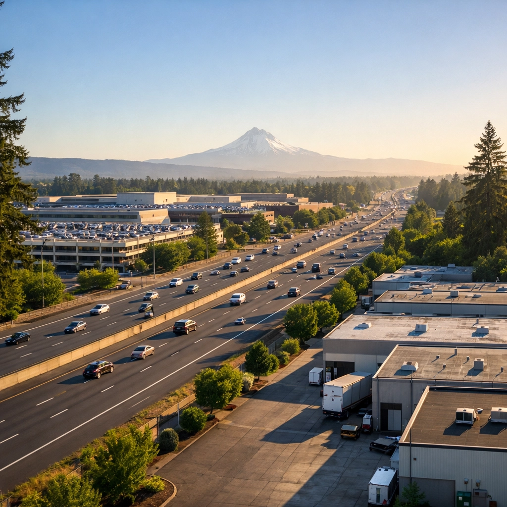 Aerial view of the Clackamas Industrial Area along SE 84th Avenue with manufacturing facilities and I-205 corridor visible