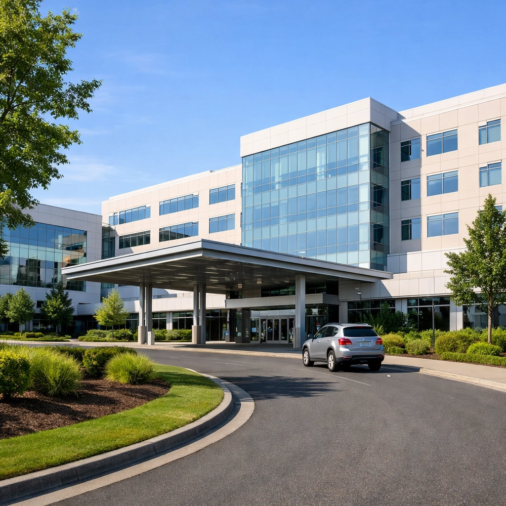 Exterior of Kaiser Permanente Sunnyside Medical Center on SE Sunnyside Road in Clackamas with main entrance and parking structure