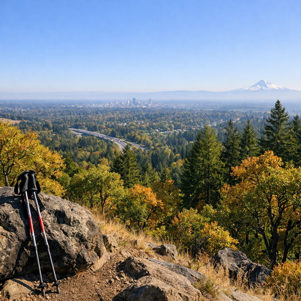 Southeast view across Clackamas toward Mount Hood with suburban rooftops and Douglas fir tree line in the foreground