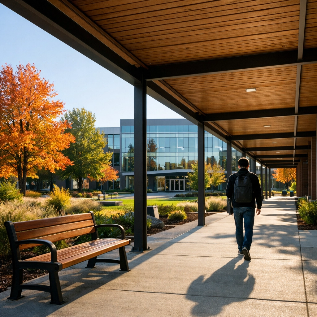 Clackamas Community College campus on South Highway 212 with a covered walkway and classroom buildings