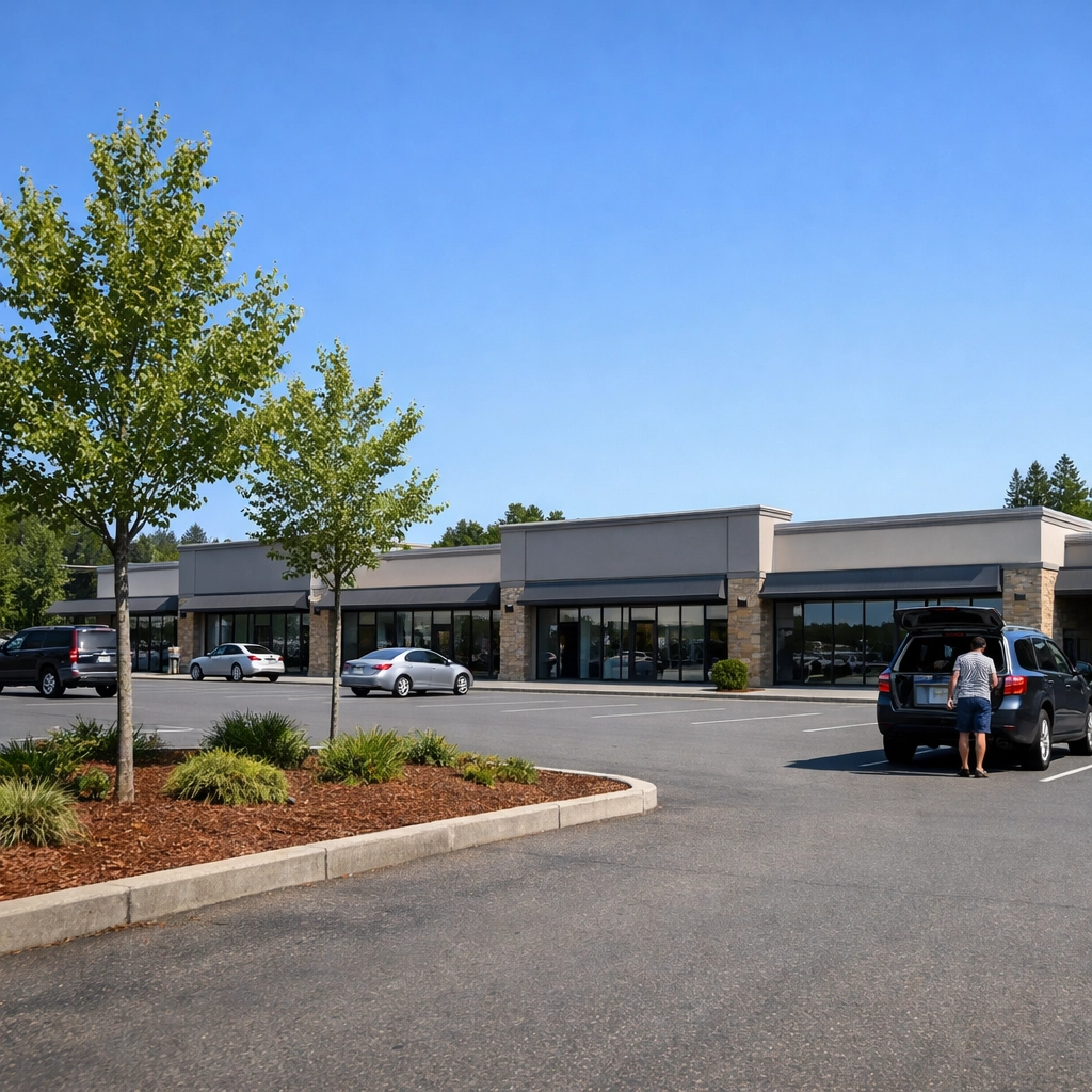 Highway 212 retail strip in Damascus showing Safeway and Bi-Mart storefronts with parked cars