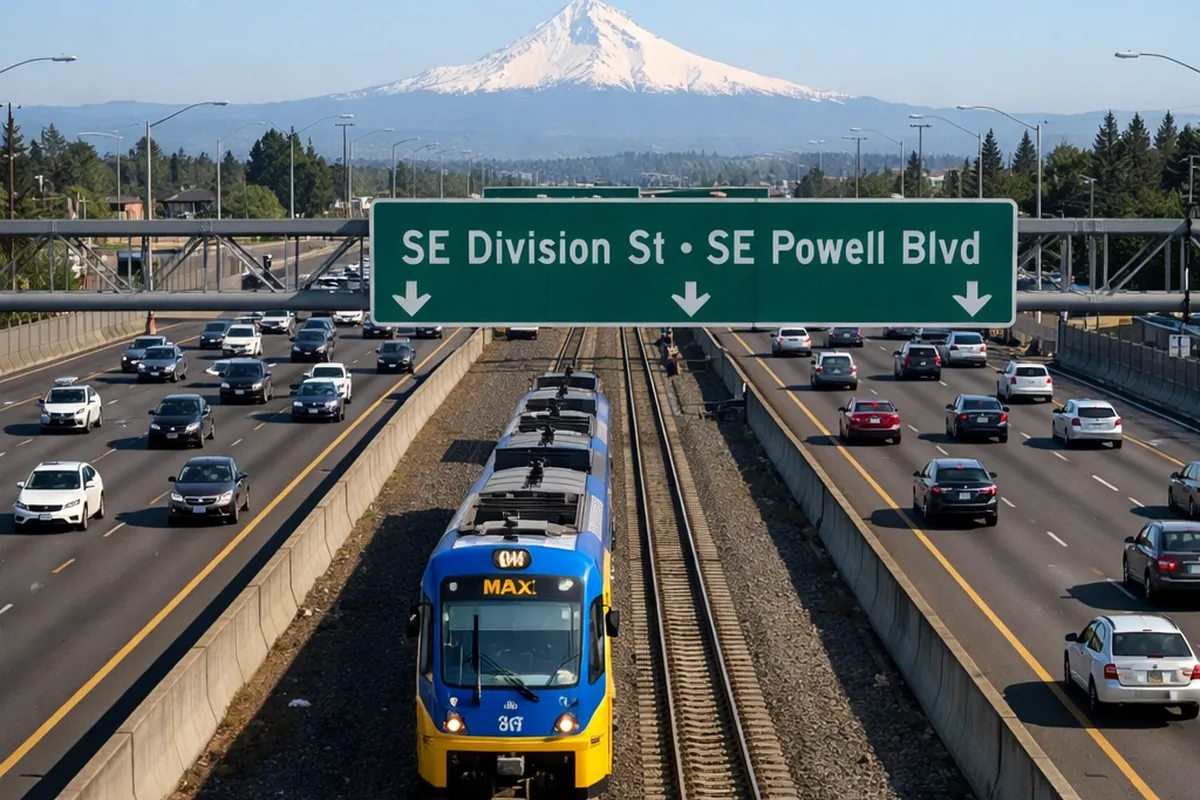 I-205 freeway with the MAX Green Line running in the center median and Mt. Hood on the eastern horizon.
