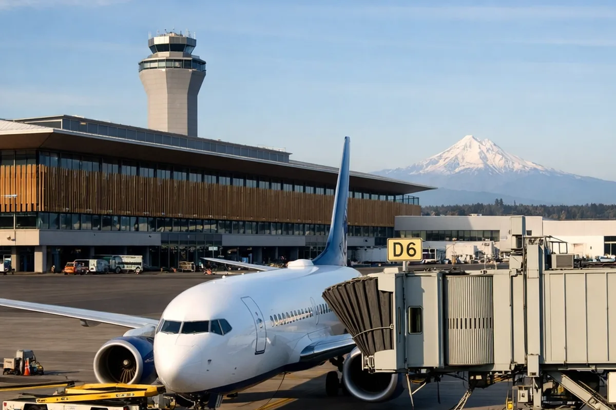 Portland International Airport operational ramp with passenger terminal, control tower, and Mt. Hood on the eastern horizon.