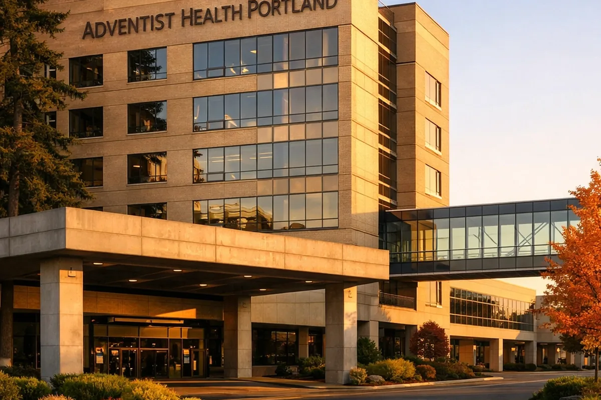 Adventist Health Portland main entrance at 10123 SE Market Street, a 302-bed hospital serving the Gateway sub-area.