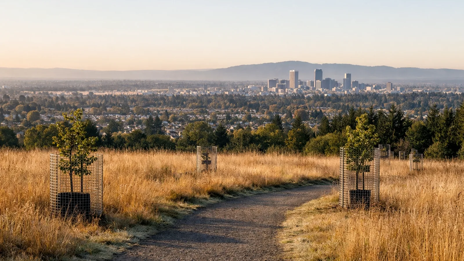 View from Powell Butte summit looking west toward downtown Portland across East Portland's rooftop grid.